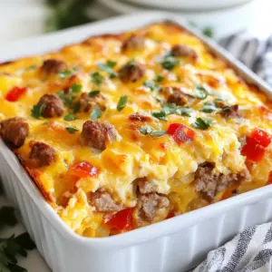 - 1 lb breakfast sausage (mild or spicy) - 4 cups frozen hash browns, thawed - 1 cup shredded cheddar cheese - 1 red bell pepper, diced - 1 small onion, diced - 6 large eggs - 1 cup milk - 1 teaspoon garlic powder - 1 teaspoon onion powder - Salt and pepper to taste - Fresh parsley, for garnish This dish starts with breakfast sausage. You can choose mild or spicy. I love the spicy version for added flavor. The next key ingredient is hash browns. Four cups of thawed hash browns make it hearty and filling. Shredded cheddar cheese adds creaminess. One cup works perfectly. Then, we add vegetables for color and crunch. A diced red bell pepper and a diced small onion work well. They give a fresh taste. Next comes the egg mixture. Six large eggs combine with one cup of milk. This forms the base. Adding garlic powder and onion powder brings out the flavors. Salt and pepper enhance everything. Finally, we use fresh parsley for garnish. It adds a nice pop of color and freshness. Each ingredient plays a role in making this casserole a true delight. {{ingredient_image_1}} Preheat your oven to 375&deg;F (190&deg;C). This is the first step for a perfect bake. In a large skillet, cook the breakfast sausage over medium heat. Break it into small pieces as it cooks. Once browned, drain any excess fat. This gives you a tasty base for your casserole. Next, add diced onion and red bell pepper to the same skillet. Saut&eacute; them for about 3-4 minutes until they soften. This step adds great flavor to your dish. In a large mixing bowl, combine the cooked sausage, saut&eacute;ed onion, red bell pepper, thawed hash browns, and half of the shredded cheddar cheese. Mix it well to blend all the flavors together. In another bowl, whisk together 6 large eggs, 1 cup of milk, 1 teaspoon of garlic powder, 1 teaspoon of onion powder, salt, and pepper. This mixture binds everything and adds richness. In a greased 9x13-inch baking dish, layer the sausage and hash brown mixture evenly. Pour the egg mixture over the top to coat everything. Sprinkle the remaining cheddar cheese on top. Bake in the preheated oven for 30-35 minutes. Look for a golden brown top and a set middle to know it's ready. To get the ideal crispy top, bake your casserole at 375&deg;F (190&deg;C). A hot oven helps the top brown nicely. You can use a mix of half cheddar and half a sharper cheese for added flavor. To ensure the inside sets well, let the casserole cool slightly before cutting. This helps keep the layers together. You can also use a fork to fluff the top lightly before serving, creating a beautiful texture. You can prepare this casserole the night before. Just follow these steps: Cook the sausage and saut&eacute; the veggies as usual. Mix everything in the baking dish but do not bake it yet. Cover the dish with plastic wrap and store it in the fridge overnight. When you're ready to bake, take it out and let it sit at room temperature for about 30 minutes. Then, bake it as directed. This method saves time in the morning! To make your meal even better, serve the casserole with fresh fruit or a green salad. A dollop of sour cream on top adds a nice creaminess. You can also sprinkle extra parsley for color. If you want a bit of heat, serve it with hot sauce on the side. These simple sides and garnishes will elevate your breakfast experience! Pro Tips Use Fresh Ingredients: Fresh vegetables and quality sausage make a significant difference in flavor. Opt for organic or locally sourced produce when possible. Customize Your Cheese: While cheddar is delicious, try mixing in other cheeses like pepper jack or mozzarella for a unique twist on flavor. Make It Ahead: Prepare the casserole a day in advance. Just assemble it, cover, and refrigerate. Bake it in the morning for a hassle-free breakfast. Check for Doneness: Ovens can vary, so check the casserole a few minutes before the recommended baking time. It should be set in the middle and golden on top. {{image_2}} You can change the meat in this casserole easily. Try turkey sausage for a leaner option. If you like spice, chorizo adds a kick. Feel free to swap cheeses too. Gouda or Monterey Jack work well. For veggies, use spinach, mushrooms, or zucchini. Each choice adds a new twist to the flavor. To make this dish gluten-free, use gluten-free hash browns. Ensure the sausage and other ingredients are gluten-free too. For a dairy-free version, substitute milk with almond or oat milk. Use a dairy-free cheese to keep it creamy. These changes help everyone enjoy this tasty meal. Herbs and spices can elevate this casserole. Add fresh basil or thyme for a garden taste. You might also like a pinch of red pepper flakes for extra heat. Try smoked paprika for a deeper flavor. Mixing these in gives each bite a burst of taste. After you enjoy your sausage hash brown breakfast casserole, store leftovers in the fridge. First, let it cool down to room temperature. Then, cover it with plastic wrap or place it in an airtight container. This keeps it fresh and safe to eat. Try to eat it within three to four days for the best taste. If you want to save some for later, freezing works well. Cut the casserole into portions. Wrap each piece tightly in plastic wrap, then place them in a freezer bag. Be sure to label the bag with the date. When you're ready to eat, thaw it in the fridge overnight. Then, reheat it in the oven at 350&deg;F (175&deg;C) until warm. When stored correctly, the casserole lasts about three to four days in the fridge. In the freezer, it can stay good for up to three months. Always check for any signs of spoilage before eating. Yes, you can use fresh hash browns. They will give a nice texture. You may need to cook them a bit first to reduce moisture. This helps prevent a soggy casserole. Fresh hash browns can be saut&eacute;ed for about five minutes before mixing. This will enhance their flavor and crispiness in the dish. To add heat, use spicy sausage instead of mild. You can also add chopped jalape&ntilde;os or red pepper flakes. Both options will bring a bold kick to your casserole. Adjust the amount based on your spice level. If you want a smoky flavor, add smoked paprika. Don&rsquo;t be afraid to experiment! Yes, you can use egg substitutes like flax eggs or silken tofu. For flax eggs, mix one tablespoon of ground flaxseed with three tablespoons of water. Let it sit for five minutes. For tofu, blend half a cup until smooth. This will keep the casserole rich and creamy without eggs. This blog post offers a simple and tasty breakfast casserole recipe. We covered key ingredients like sausage, hash browns, and cheese, plus vegetables and spices that add flavor. I walked you through easy steps to prepare and bake your dish. Remember the tips for perfecting texture and ways to customize it to your liking. Finally, I shared the best ways to store leftovers for future meals. Enjoy making this dish, and share it with friends and family! It's a fun way to start any day.