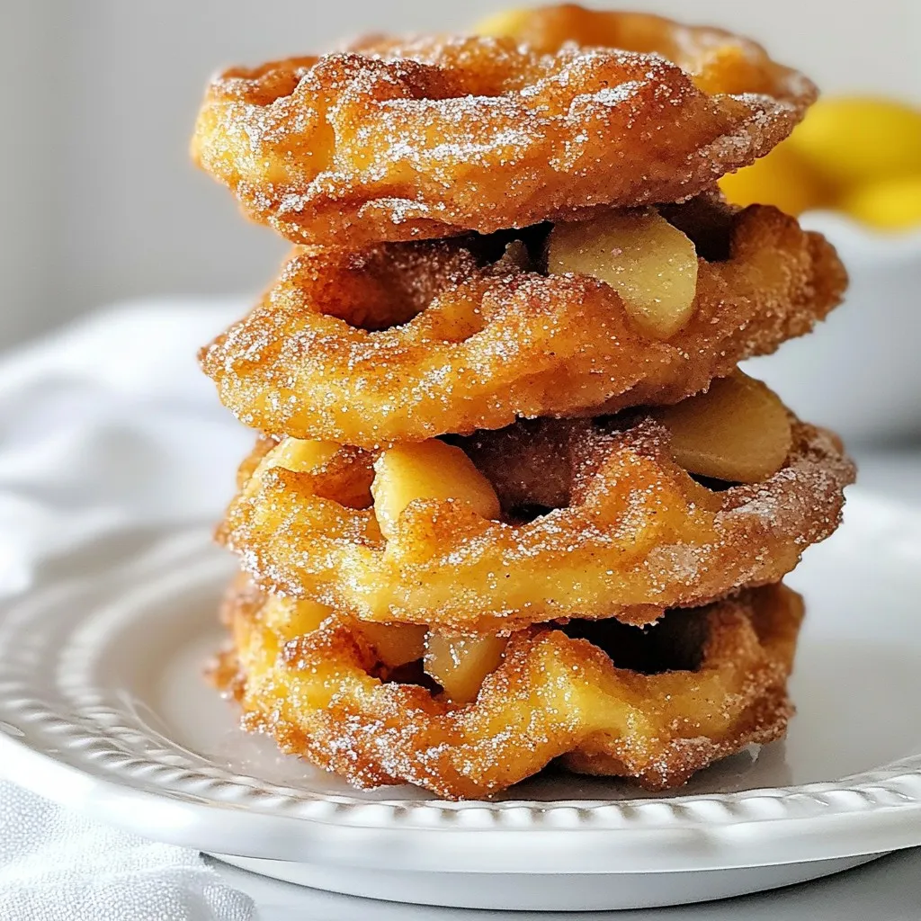 - 2 cups all-purpose flour - 1 tablespoon baking powder - ½ teaspoon baking soda - 1 teaspoon cinnamon - ¼ teaspoon nutmeg - ½ teaspoon salt - ¾ cup brown sugar - 1 cup buttermilk - 2 large eggs - 1 teaspoon vanilla extract - 1 cup apples, peeled, cored, and diced (preferably Granny Smith) - ½ cup granulated sugar (for coating) - 1 teaspoon cinnamon (for coating) - Oil for frying - 2 cups = 480 ml - 1 tablespoon = 15 ml - ½ teaspoon = 2.5 ml - 1 teaspoon = 5 ml - ¾ cup = 180 ml These simple conversions help make cooking easy. I suggest using Granny Smith apples. They bring a nice tartness. Honeycrisp and Fuji apples are also great options. They add sweetness and crunch to the donuts. Choose fresh apples for the best taste. {{ingredient_image_1}} First, gather your ingredients. You will need two cups of flour, one tablespoon of baking powder, and half a teaspoon of baking soda. Also, get one teaspoon of cinnamon, a quarter teaspoon of nutmeg, and half a teaspoon of salt. Next, grab three-quarters of a cup of brown sugar, one cup of buttermilk, two large eggs, and one teaspoon of vanilla extract. Finally, prepare one cup of peeled, cored, and diced apples, preferably Granny Smith. 1. In a large bowl, mix the flour, baking powder, baking soda, cinnamon, nutmeg, and salt. Stir well and set aside. 2. In another bowl, whisk together the brown sugar, buttermilk, eggs, and vanilla extract until smooth. 3. Slowly add the wet mix to the dry mix. Stir until just combined. Be careful not to overmix. 4. Gently fold in the diced apples into the batter. Make sure they are evenly spread. 5. Preheat your waffle maker based on the instructions. Lightly grease the waffle plates with cooking spray. 6. Pour enough batter into the waffle maker to fill the plates. Close the lid and cook for about 3 to 4 minutes until golden brown. 7. Meanwhile, heat oil in a deep pan to 350°F (175°C) for frying. 8. Use a donut cutter or two round cookie cutters to cut rings from the leftover batter. 9. Carefully fry the donuts for 1 to 2 minutes per side until golden brown. Drain on paper towels. 10. In a small bowl, mix granulated sugar with cinnamon for coating. Roll the warm donuts in this mixture. 11. For extra fun, serve warm with a drizzle of glaze made from powdered sugar and milk. To get the best batter, aim for a thick but pourable consistency. If it looks too runny, add a little more flour. If it’s too thick, a splash of buttermilk can help. Remember to mix just until combined. Overmixing can lead to tough donuts. Cooking in a waffle maker gives a nice crisp texture and is very easy. Just pour the batter in and let it cook. Frying gives you a soft donut with a crisp outside. If you choose to fry, make sure the oil is hot enough. Test it by dropping a small piece of batter in; it should sizzle right away. Both methods are fun, so pick your favorite! To stop your Apple Fritter Waffle Donuts from sticking, grease the waffle plates well. Use cooking spray or a brush to coat the surfaces before adding the batter. This simple step keeps the donuts intact and easy to remove. If your waffles still stick, try preheating the waffle maker properly. A hot surface helps create a nice crust that releases easily. When frying your donuts, heat the oil to 350°F (175°C). This magic number helps the donuts cook evenly. If the oil is too cold, they will absorb too much oil and turn greasy. Use a deep fryer or a heavy pot for even heat distribution. Fry the donuts for 1-2 minutes per side until golden brown. Always drain them on paper towels to remove excess oil. Want to add some extra flavor to your Apple Fritter Waffle Donuts? Consider adding a dash of ginger or cardamom to the batter for a warm spice kick. You can also mix in nuts like walnuts or pecans for crunch. For a fun twist, drizzle maple syrup or caramel sauce over the finished donuts. This adds sweetness and makes them even more tempting. Pro Tips Use Fresh Apples: For the best flavor and texture, opt for fresh Granny Smith apples, which add a nice tartness to balance the sweetness. Don’t Overmix: When combining wet and dry ingredients, mix just until combined to keep your waffles light and fluffy. Temperature Check: Ensure your oil is at the right temperature (350°F) for frying donuts; too hot can burn them, while too cool can make them greasy. Serving Suggestions: Serve the waffle donuts warm for the best experience, and consider topping them with a drizzle of glaze or a scoop of ice cream for extra indulgence. {{image_2}} You can make these delightful treats gluten-free with a simple swap. Use 2 cups of gluten-free all-purpose flour. Make sure it has xanthan gum for the right texture. This change will keep your waffles light and fluffy. The flavor will still shine through, especially with the apples. Toppings can change how your Apple Fritter Waffle Donuts taste. Consider these fun ideas: - Caramel sauce: Drizzle it on top for a sweet touch. - Chopped nuts: Sprinkle some pecans or walnuts for crunch. - Maple syrup: A classic choice that pairs well with apples. - Whipped cream: Add a dollop for extra creaminess. Feel free to mix and match these toppings to find your favorite combo! You can adjust the flavors of your Apple Fritter Waffle Donuts for the seasons. In fall, add pumpkin spice to the batter for a cozy vibe. During winter, consider adding cranberries for a tart twist. Spring could use fresh berries mixed in, while summer is perfect for peaches. Each season can bring a new taste to this classic treat. To keep your apple fritter waffle donuts fresh, store them in an airtight container. Line the container with paper towels to absorb moisture. This helps keep the donuts crisp. You can also place them in a zip-top bag. Make sure to remove the air before sealing. Store them at room temperature for up to 2 days. If you want to keep them longer, refrigeration is a good option. However, they may lose some of their crunch. When it’s time to enjoy your leftovers, reheating is key. The best way to reheat these donuts is in the oven. Preheat the oven to 350°F (175°C). Place the donuts on a baking sheet. Heat them for about 5-7 minutes or until warm. This method keeps them crispy. You can also use a toaster oven. If you are in a hurry, the microwave works too, but use it sparingly. Heat for about 10-15 seconds. This keeps them soft but may make them a bit chewy. If you want to save your apple fritter waffle donuts for later, freezing is a great choice. First, let them cool completely. Then, wrap each donut in plastic wrap. Place them in a freezer-safe bag or container. This keeps them protected from freezer burn. Label the bag with the date. You can freeze them for up to 2 months. When ready to eat, thaw them in the fridge overnight. Reheat them in the oven for the best results. Enjoy your delicious treats anytime! Apple Fritter Waffle Donuts are a fun twist on classic apple fritters and donuts. They blend the fluffy texture of waffles with the rich flavor of apple fritters. You get crispy edges and a soft inside, all packed with sweet apple chunks. This recipe uses apples, cinnamon, and a hint of nutmeg for a warm, comforting taste. They are perfect for breakfast or a sweet snack. Yes, you can make Apple Fritter Waffle Donuts without a waffle maker. Instead, you can fry the batter like traditional donuts. Use a donut cutter to shape the batter and fry them in hot oil. This method gives you the same great flavor, but with a different texture. Just remember to watch the cooking time to ensure they cook through. To adjust the recipe for fewer servings, simply cut the ingredient amounts in half. For example, use 1 cup of flour instead of 2 cups. If you want to make a larger batch, just double the amounts. This flexibility helps you make the perfect number of Apple Fritter Waffle Donuts for your needs. Serve Apple Fritter Waffle Donuts warm for the best taste. You can roll them in cinnamon sugar for a sweet touch. Drizzling a glaze made from powdered sugar and milk adds extra sweetness. They pair well with coffee or tea. Enjoy them fresh for a delightful treat! In this article, we covered how to make delicious Apple Fritter Waffle Donuts. We listed the ingredients and shared measurement conversions for easy cooking. I provided step-by-step instructions, tips for perfecting your batter, and differences between using a waffle maker or frying. I also included storage tips to keep them fresh. With these pointers, you can enjoy this tasty treat any time. Now, gather your ingredients and start cooking!