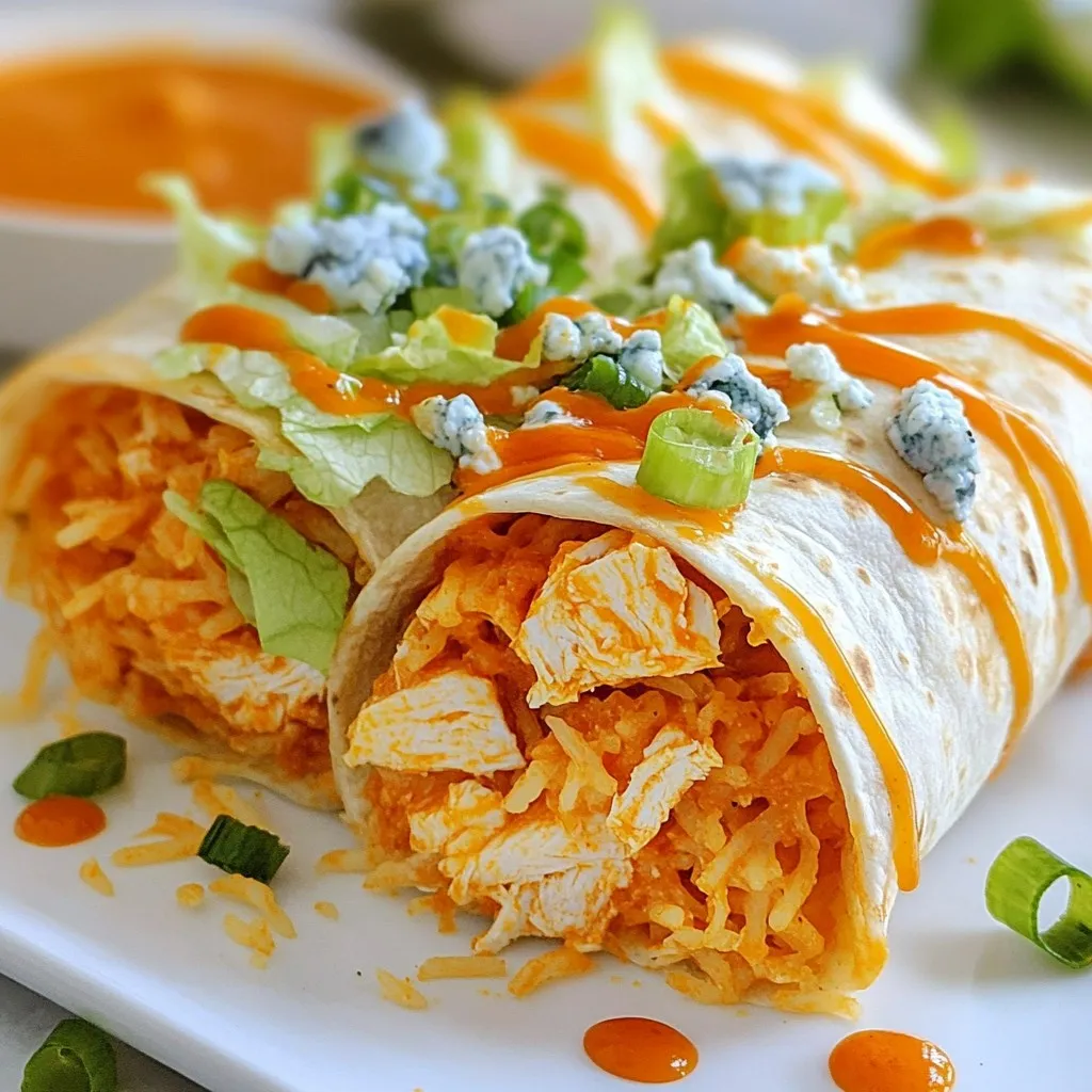 For these tasty burritos, you will need: - 2 cups cooked shredded chicken - ½ cup buffalo sauce - 1 cup cooked rice (white or brown) - 1 cup shredded cheddar cheese - ½ cup blue cheese crumbles - 1 cup lettuce, shredded - ½ cup tomatoes, diced - ¼ cup green onions, sliced - 4 large flour tortillas - 1 tablespoon olive oil - Salt and pepper to taste These ingredients create a perfect mix of flavors. The chicken and buffalo sauce give a spicy kick, while the cheese adds creaminess. You can make your burritos even better with some optional ingredients: - Avocado slices for creaminess - Jalapeños for extra heat - Corn for a sweet crunch - Black beans for added protein - Cilantro for freshness Feel free to mix and match as you like! Each ingredient can change the taste and make it more personal. To prepare these burritos, gather these tools: - Large mixing bowl for mixing ingredients - Skillet for cooking the burritos - Spoon for scooping filling - Knife and cutting board for chopping veggies - Spatula for flipping the burritos With these tools, you can easily create your Buffalo Chicken Burritos. Enjoy the process as much as the meal! {{ingredient_image_1}} First, grab a large mixing bowl. Add 2 cups of cooked shredded chicken. Pour in ½ cup of buffalo sauce. Mix it well until the chicken is coated. This sauce gives the burritos their spicy kick. The chicken should look bright and flavorful. Set this bowl aside for now. Next, you need 4 large flour tortillas. Lay one on a clean surface. Spoon about ½ cup of the buffalo chicken mixture into the center. It should be a nice mound. Then, add ¼ cup of cooked rice on top of the chicken. Rice adds a nice texture to the burrito. Now, sprinkle shredded cheddar cheese and blue cheese crumbles over the top. Don’t forget the shredded lettuce, diced tomatoes, and sliced green onions. Those fresh veggies add crunch and flavor. Now fold the sides of the tortilla inward. Then roll it up tightly from the bottom. Make sure the filling stays inside. Repeat this for all the tortillas. Heat a skillet over medium heat. Add a drizzle of olive oil to the pan. Once it’s hot, place the burritos seam-side down in the skillet. Cook them for about 2-3 minutes on each side. You want them golden brown and a bit crispy. This step adds a nice crunch. When they're ready, take them out of the skillet. Let them rest for a minute before slicing in half. Enjoy your delicious buffalo chicken burritos! To keep your burritos crisp, make sure not to overfill them. Too much filling makes them hard to roll. Also, use dry ingredients like rice and cheese. If your chicken is too wet, the burrito may get soggy. Let the buffalo chicken cool a bit before filling. This helps keep the tortilla from getting mushy. When rolling burritos, start with the filling in the center. Fold the sides in first, then roll from the bottom. Tuck the filling in as you roll. This keeps everything inside. Make sure to roll tightly but not too tight. If the tortilla tears, it can spill out. Practice makes perfect, so don’t worry if it takes a few tries! You can boost the flavors in your burritos easily. Try adding spices to the rice, like cumin or garlic powder. This gives it extra taste. You can also mix in some black beans for more depth. Squeeze fresh lime juice over the filling for a zesty kick. Finally, don’t skip the toppings! Fresh herbs and crunchy veggies add great texture and flavor. Pro Tips Use rotisserie chicken: For an even quicker preparation, consider using store-bought rotisserie chicken to save time. It’s already cooked and flavorful! Customize your spice level: Adjust the amount of buffalo sauce depending on your preferred heat level. You can also mix in some ranch dressing to mellow the spice. Wrap tightly: Make sure to wrap the burritos tightly to prevent the filling from spilling out while cooking and eating. Make it a meal prep: These burritos can be made ahead of time and frozen. Just wrap tightly in foil and store in an airtight container for up to 3 months. {{image_2}} You can adjust the heat in your Buffalo chicken burritos. If you love spice, use extra buffalo sauce. You might add hot sauce for more kick. For a milder flavor, use less buffalo sauce. Combine it with ranch dressing for a creamy taste. This way, you enjoy the classic flavor without too much heat. You can also mix in some honey to balance the heat with sweetness. If you prefer vegetarian options, swap chicken for tofu or tempeh. Cook them in buffalo sauce for that same flavor. You can also use chickpeas for protein. Add lots of veggies like bell peppers and zucchini. These ingredients give great texture and taste. Don't forget the cheese! Use shredded cheese and blue cheese crumbles to keep it rich and savory. For a gluten-free option, choose corn tortillas instead of flour tortillas. They hold up well with the filling. If you want low-carb, skip the tortillas altogether. Use large lettuce leaves to wrap your ingredients. This gives a fresh, crunchy bite. You can also try cauliflower rice instead of regular rice. It cuts carbs while keeping your burrito tasty! To keep your leftover burritos fresh, wrap them tightly in plastic wrap. You can also use aluminum foil for extra protection. Place the wrapped burritos in an airtight container. Store them in the fridge for up to three days. This method helps retain moisture and flavor. If you want to save burritos for later, freezing is a great option. First, let the burritos cool down to room temperature. Then, wrap each burrito in plastic wrap. After that, place them in a freezer-safe bag or container. Make sure to label them with the date. Frozen burritos can last up to three months. When you're ready to eat, thaw them overnight in the fridge. To reheat burritos, there are a few methods you can try. The microwave is quick and easy. Place the burrito on a microwave-safe plate. Cover it with a damp paper towel to keep it moist. Heat on high for 1-2 minutes, checking halfway through. For a crispier option, use the oven. Preheat it to 350°F (175°C). Wrap the burrito in foil and heat for about 15-20 minutes. You’ll enjoy a warm and crunchy burrito! Yes, you can make Buffalo Chicken Burritos ahead of time. Just follow these steps. Prepare the buffalo chicken mixture and the rice. Fill the tortillas with the mixture but don't cook them yet. Wrap each burrito tightly in plastic wrap. Store them in the fridge for up to 24 hours, or freeze for longer. When ready to eat, cook them in a skillet as directed. This way, your burritos stay fresh and flavorful. You have many tasty sides to choose from. Here are some great options: - Corn on the cob: This sweet side complements the spice of the burritos. - Coleslaw: A crunchy, tangy slaw can balance the heat of the buffalo sauce. - Chips and salsa: This classic combo adds a fun crunch. - Guacamole: The creaminess of guacamole pairs well with the spicy flavors. - Pickles: They add a zesty bite that cuts through the richness. Making a healthier version of Buffalo Chicken Burritos is easy. Here are some tips: - Use grilled chicken: This cuts down on fat compared to fried chicken. - Swap out the tortillas: Choose whole wheat or low-carb tortillas for a better option. - Add more veggies: Include more lettuce, tomatoes, or even bell peppers for extra nutrition. - Use low-fat cheese: This helps reduce calories while keeping the flavor. - Try Greek yogurt: Instead of blue cheese, use Greek yogurt for a creamy, healthy dip. These simple changes help you enjoy a delicious meal without losing flavor. This blog post shared how to make tasty Buffalo Chicken Burritos. You learned about the key ingredients and optional add-ons for your burritos. I walked you through each step from preparing to cooking them just right. I shared tips to keep your burritos fresh and how to kick up the flavor. You also discovered fun variations and storage advice. Buffalo Chicken Burritos can be a fun meal for any time. Enjoy making them your own!