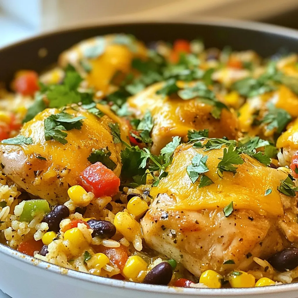 - 1 lb boneless, skinless chicken thighs - 1 cup uncooked long-grain rice - 1 cup salsa verde - 2 cups chicken broth - 1 medium onion, diced - 2 cloves garlic, minced - 1 bell pepper, diced (any color) - 1 teaspoon ground cumin - 1 teaspoon smoked paprika - Salt and pepper to taste - 1 cup black beans, drained and rinsed (optional) - 1 cup corn (frozen or canned) - 1 cup shredded cheddar cheese - Fresh cilantro for garnish Gathering the right ingredients is key to making this dish shine. First, choose boneless, skinless chicken thighs. They stay juicy and cook evenly. Next, grab long-grain rice for a fluffy texture. Salsa verde adds a zesty kick, so pick your favorite brand or make your own. For the base, you need chicken broth for flavor. Don’t forget the aromatics. Diced onion, minced garlic, and bell pepper bring a fresh taste. You’ll need spices too! Ground cumin and smoked paprika add warmth and depth. If you want extra heartiness, consider black beans and corn. Finally, top it off with shredded cheddar cheese and fresh cilantro. These ingredients come together to create a colorful, flavorful meal. Each one plays a role in building taste. So, let’s get cooking! {{ingredient_image_1}} 1. Start with a large skillet. Heat a tablespoon of olive oil over medium heat. 2. Add the diced onion. Cook until it turns translucent, about 3-4 minutes. 3. Next, add the minced garlic and diced bell pepper. Sauté for another 2-3 minutes. 4. Season the chicken with salt, pepper, cumin, and smoked paprika. 5. Add the chicken pieces to the skillet. Cook until browned on all sides, about 6-8 minutes. 6. Now, stir in the uncooked rice. Mix well with the chicken and veggies. 7. Pour in the salsa verde and chicken broth. Bring the mix to a simmer. 1. Reduce the heat to low. Cover the skillet and let it cook for about 20 minutes. 2. Check that the rice absorbs the liquid. If you want, stir in the black beans and corn in the last 5 minutes. 1. Once cooked, remove the skillet from heat. Sprinkle the shredded cheddar cheese on top. 2. Cover the skillet to let the cheese melt for 2-3 minutes. 3. Fluff the rice with a fork. Garnish with fresh cilantro before serving. - Choosing the right chicken part: I recommend using boneless, skinless chicken thighs. They stay juicy and tender during cooking. Chicken breasts can dry out, losing flavor and moisture. - Ensuring rice cooks perfectly: Use long-grain rice for this dish. It cooks evenly and absorbs the salsa verde and broth well. Make sure to cover the skillet while it simmers to keep steam in. This helps the rice cook properly. - Complementary sides and drinks: Pair the dish with a fresh salad or some crispy tortilla chips. For drinks, consider serving it with a light beer or a refreshing lemonade. These will balance the flavors nicely. - Presentation ideas: Serve the skillet in the pan for a rustic look. Garnish with fresh cilantro on top. You can also sprinkle extra cheese for a fun touch. - Additional seasonings and ingredients: Add a squeeze of lime juice for zest. Chopped jalapeños can bring in some heat. Experiment with fresh herbs like parsley for a bright flavor. - Methods to enhance the dish’s taste: Try different brands of salsa verde. Each has its own unique flavor. You can also roast the bell peppers before adding them for a smoky twist. Consider adding some diced tomatoes for extra texture. Pro Tips Use Homemade Salsa Verde: If you have the time, making your own salsa verde can elevate the dish with fresh flavors and a personal touch. Adjust Spice Level: For a spicier kick, consider adding diced jalapeños or a dash of cayenne pepper to the chicken seasoning. Rest Before Serving: Allow the skillet to sit for a few minutes after cooking. This helps the flavors meld together and improves the overall taste. Cheese Substitutions: Experiment with different types of cheese, like Monterey Jack or pepper jack, for a unique flavor profile. {{image_2}} You can swap chicken thighs for chicken breasts. Thighs stay juicy while breasts are leaner. Both work nicely. For rice, consider brown rice or quinoa. Brown rice adds fiber, while quinoa is gluten-free and high in protein. Choose what suits your taste and diet. Salsa verde comes in many flavors. You can try green tomatillo or roasted salsa. Each adds a unique twist. You can also add fresh veggies, like zucchini or spinach. These veggies boost nutrition and color. Toss them in during the last few minutes of cooking. To make the dish gluten-free, use gluten-free chicken broth. Most salsas are naturally gluten-free, so check the label. For a vegan option, swap chicken for mushrooms or jackfruit. Use vegetable broth and skip the cheese. You can still enjoy a flavorful meal! To keep your Salsa Verde Chicken and Rice Skillet fresh, follow these steps: - Refrigeration: Place cooled leftovers in an airtight container. Store in the fridge for up to three days. This keeps flavors intact and prevents spoilage. - Freezing: For longer storage, freeze the dish. Use a freezer-safe container or bag. It can last up to three months. Label the container with the date for easy tracking. When it comes to reheating, I have some great methods to keep your dish tasty: - Methods to keep it creamy: Reheat on low heat in a skillet. Add a splash of chicken broth or water to keep it moist. Stir often to prevent sticking. - Tips for avoiding soggy rice: Avoid using the microwave if possible. Microwaving can make the rice mushy. Instead, reheat on the stove. This helps maintain the right texture. Can I use frozen chicken? Yes, you can use frozen chicken. Just ensure you thaw it well before cooking. This helps the chicken cook evenly and stay juicy. If you use frozen chicken, it may take a bit longer to cook, so keep an eye on it. How do I spice it up more? To spice it up, add jalapeños or chili flakes. You can also increase the amount of cumin or smoked paprika. For a fresh kick, try adding lime juice or fresh herbs like cilantro to the dish. Is this dish freezer-friendly? Yes, this dish is freezer-friendly. After cooking, let it cool completely. Then, store it in an airtight container. It can last in the freezer for up to three months. Can I make it in advance? You can make this dish in advance. Cook it, then let it cool. Store it in the fridge for up to three days. Reheat it gently on the stove or in the microwave before serving. How to adjust servings? To adjust servings, simply scale the ingredients. If you need more, double the amounts. If you want fewer servings, halve the recipe. Just keep the ratios the same for best results. What if I don’t have salsa verde? If you don’t have salsa verde, you can use green salsa or make your own. Combine tomatillos, lime juice, and cilantro for a quick homemade version. Adjust the heat level to your taste. Can I use a different type of cheese? Yes, you can use different cheese. Monterey Jack or pepper jack both work well. If you want a stronger flavor, try crumbled feta or a bit of goat cheese. Just use what you enjoy! This dish combines boneless chicken thighs, rice, and salsa verde for a tasty meal. You learn how to sauté, simmer, and serve it perfectly. Plus, I shared tips to elevate flavors and adjust for diets. Keep leftovers safe and know how to reheat them. Experiment with ingredient swaps for new flavors. Enjoy your tasty creation! Cooking can be simple and fun, and this meal proves it. You won't regret trying this at home!
