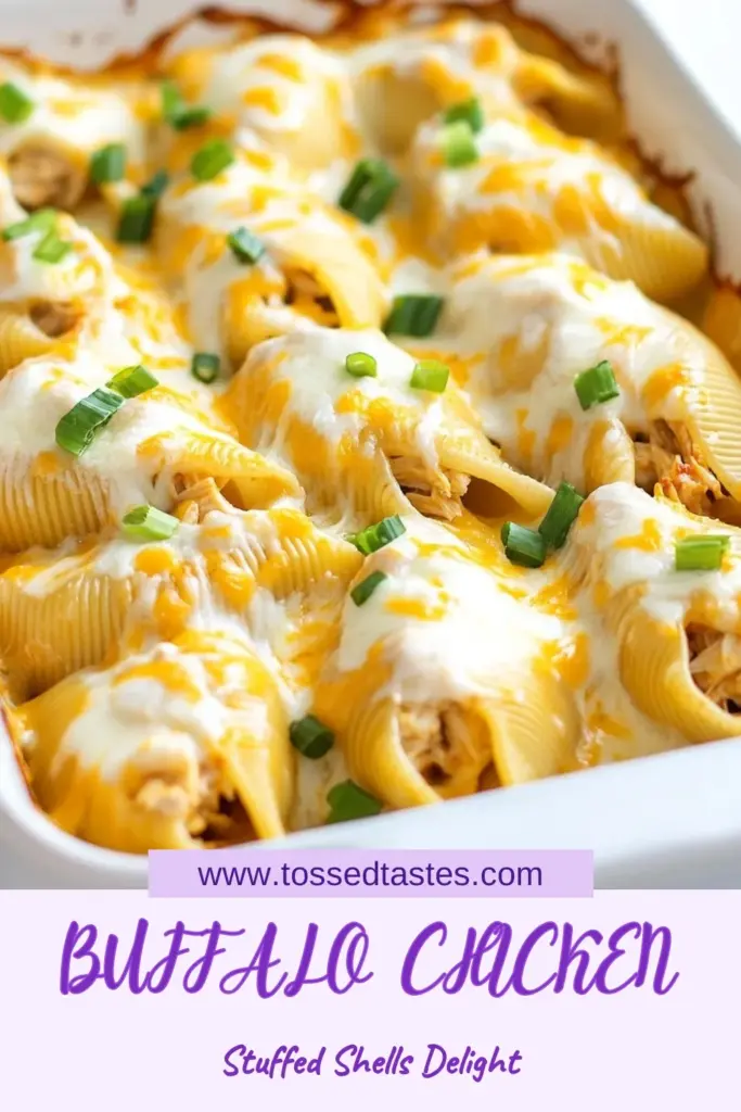 Indulge in these creamy buffalo chicken stuffed shells, the ultimate buffalo chicken recipe! This easy chicken pasta bake combines jumbo stuffed pasta shells filled with shredded chicken, spicy buffalo sauce, and creamy ranch dressing, topped with melted mozzarella. Perfect for a cozy dinner or gatherings, this creamy pasta dish will win hearts. Save this delicious recipe now and impress your family! #BuffaloChicken #StuffedPasta #EasyDinner #PastaRecipe
