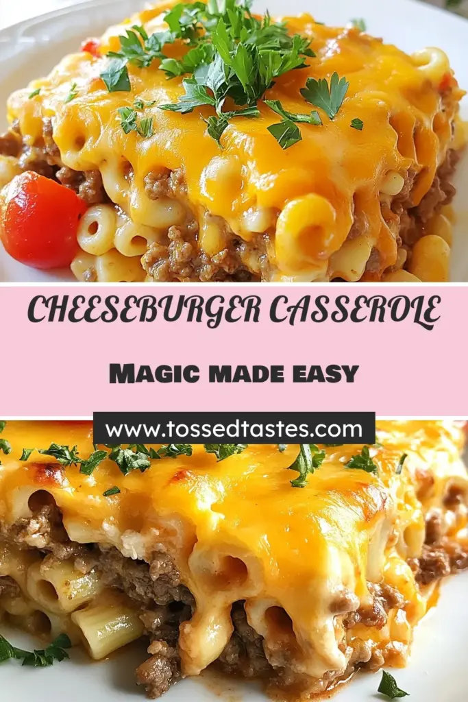 Savor this easy cheeseburger casserole recipe perfect for quick family meals! Packed with ground beef, cheesy macaroni, and flavorful dill pickles, this ground beef casserole is sure to please everyone at the dinner table. In just 50 minutes, you can whip up a delicious cheesy casserole that combines comfort and taste. Get ready for a satisfying dish that’s a breeze to make. Try it tonight! #CheeseburgerCasserole #EasyDinnerCasserole #QuickFamilyMeals #CheesyMacaroniCasserole