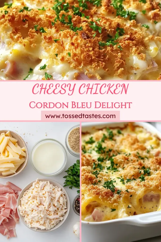 Indulge in this Cheesy Chicken Cordon Bleu Casserole, a delicious twist on the classic! Packed with tender chicken, flavorful ham, and melty Swiss cheese, this creamy Alfredo chicken casserole is perfect for busy weeknights. If you're looking for an easy chicken cordon bleu recipe that your family will love, this baked chicken and ham casserole is the answer. Get ready to impress at dinner! Try it today and save for later! #ChickenCordonBleu #CasseroleRecipes #EasyDinnerIdeas #FamilyMeals