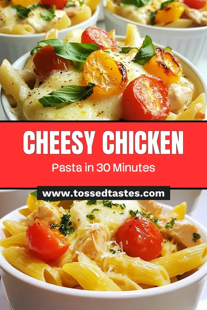 Discover this delicious cheesy chicken pasta recipe that combines tender chicken and creamy sauce for an easy chicken pasta dish everyone will love! Made with penne, heavy cream, and mozzarella cheese, this creamy chicken pasta is perfect for family dinners. Elevate your pasta with chicken and cream, and enjoy a comforting meal in just 30 minutes. Tasty, quick, and utterly satisfying—give it a try and save the recipe! #cheesychickenpasta #creamychickenpasta #easychickendinners #pastarecipes