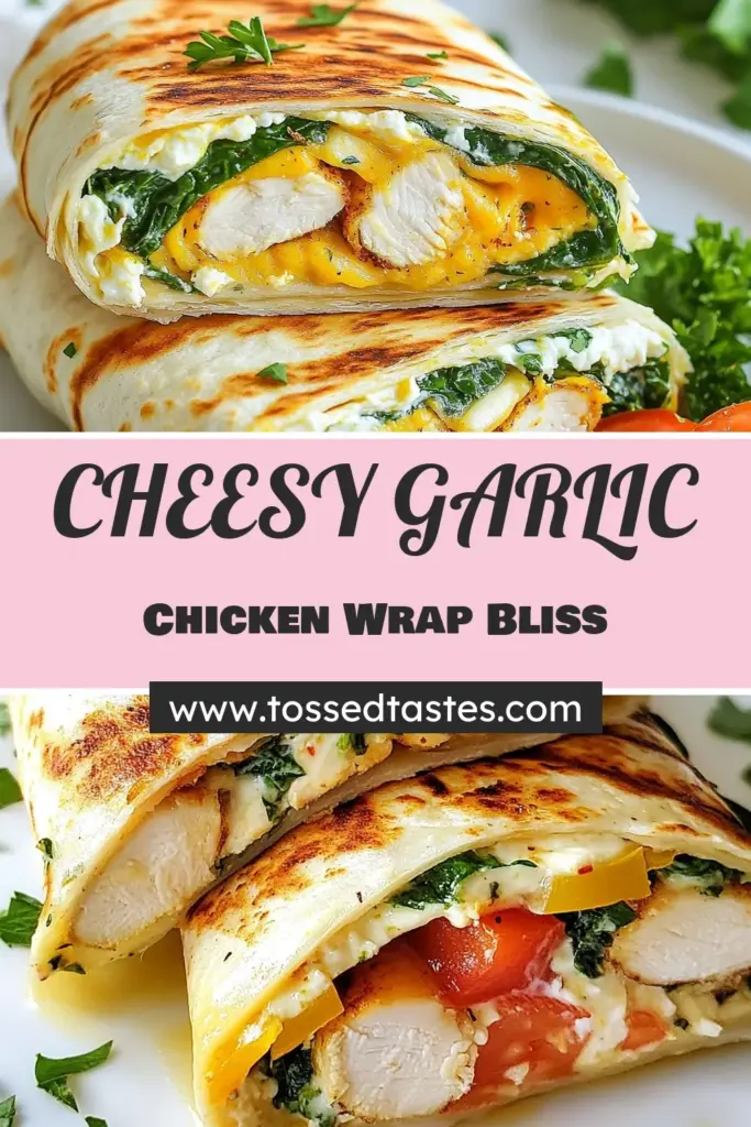 Looking for a quick and delicious meal? Try these Cheesy Garlic Chicken Wraps! This Chicken Tortilla Wrap Recipe is perfect for busy weeknights and will satisfy your family’s cravings. Packed with cream cheese and topped with fresh veggies, these Easy Dinner Recipes elevate your dinner game. Make these Garlic and Herb Chicken Wraps for a tasty treat everyone will love. Save the recipe to try later! #CheesyGarlicChickenWraps #EasyDinnerRecipes #ChickenTortillaWrap #CreamCheeseChickenWraps