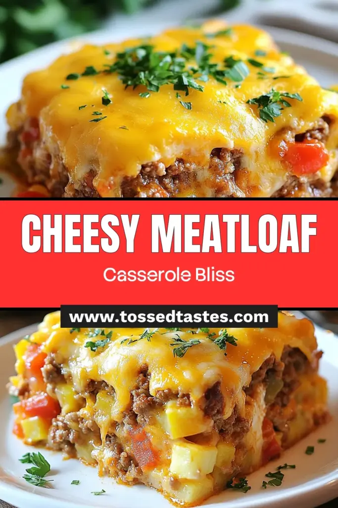 Discover the ultimate cheesy comfort food with this Cheesy Meatloaf Casserole! This ground beef casserole recipe is perfect for an easy meatloaf dinner, packed with flavor from veggies and topped with melted cheddar. Bake up a hearty dish that the whole family will love. Enjoy a satisfying meal with minimal prep time. Save this recipe now and indulge in the cheesy goodness! #CheesyMeatloafCasserole #EasyDinner #ComfortFood #GroundBeefRecipe