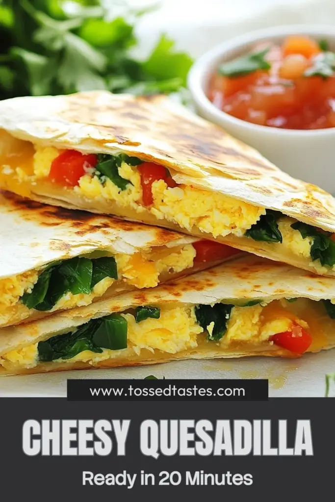 Looking for a delicious and easy breakfast? Try this Cheesy Egg Quesadilla! This Breakfast Quesadilla Recipe is packed with flavors and features scrambled eggs, vibrant bell peppers, and fresh spinach, all melted in gooey cheese. Perfect as a quick vegetarian option, serve this Easy Quesadilla with Eggs and a side of salsa for a delightful meal. Save this Spinach and Cheese Quesadilla recipe for your next brunch! #BreakfastIdeas #QuesadillaRecipe #VegetarianRecipes #EasyMeals