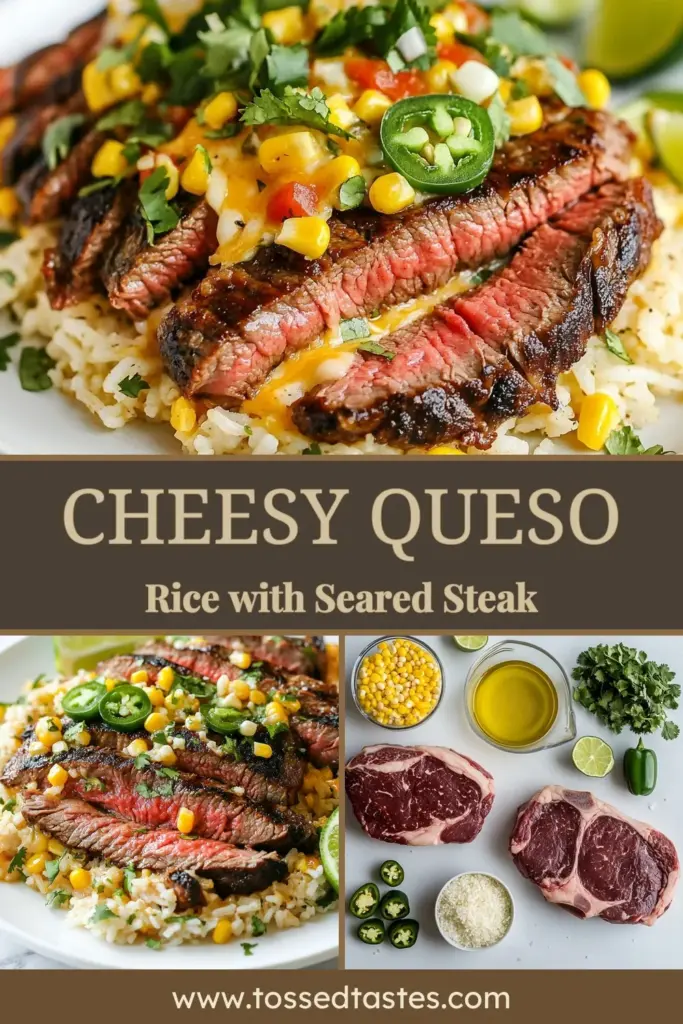 Savor the flavor of this delicious seared steak recipe with cheesy queso rice! Perfect for a flavorful ribeye steak dinner, this easy steak and rice dish combines perfectly seasoned ribeye steaks with creamy queso rice, jalapeños, and corn for a tasty Mexican style steak dish. Impress your guests or elevate your weeknight meals with this delightful combo. Try it tonight! #SearedSteak #QuesoRice #SteakDinner #MexicanCuisine