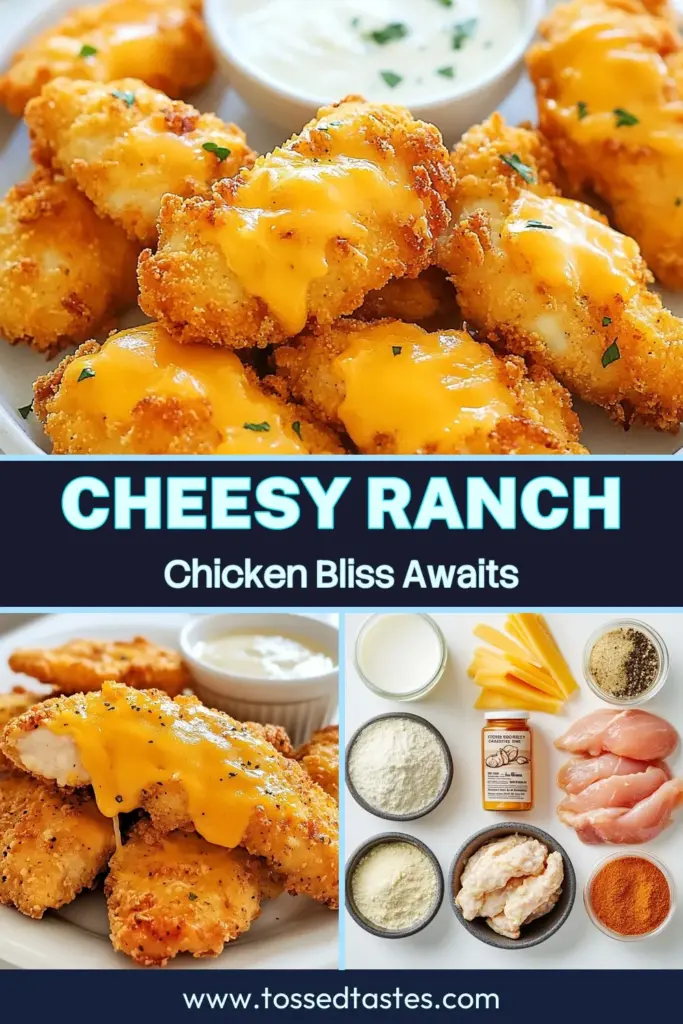 Looking for a delicious and easy chicken tender recipe? Try these cheesy ranch chicken tenders! Baked chicken tenders are coated in a zesty ranch seasoning and topped with gooey cheddar cheese for a mouthwatering dish. Perfect for family dinners or game day snacks, these cheesy chicken tenders are sure to impress. Click for the full recipe and make your meal a hit! #CheesyRanchChickenTenders #BakedChickenTenders #ChickenTenderRecipe #RanchSeasoningChicken