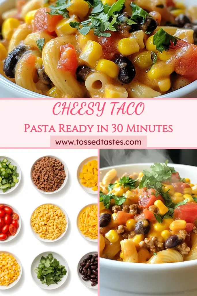 Looking for a delicious and easy taco pasta dinner? Try this Cheesy Taco Pasta recipe! This one pot taco pasta is packed with cheesy goodness and loaded with ground beef, corn, and black beans. Perfect for a family-friendly meal, this cheesy pasta with beef is sure to impress. Ready in just 30 minutes, it's a weeknight winner! Save this recipe for a quick and tasty dinner idea! #CheesyTacoPasta #EasyDinner #OnePotRecipe #FamilyFriendlyMeals