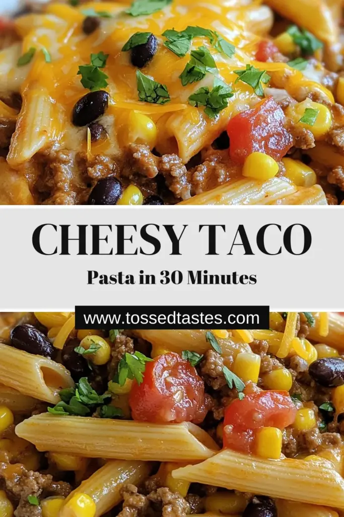 Discover the ultimate cheesy taco pasta recipe that combines the flavors of your favorite tacos with creamy goodness. This quick taco pasta dish is perfect for busy nights and features ground beef, black beans, and melted cheddar cheese. Make this easy creamy taco pasta in just 30 minutes and impress your family with every bite! Save this cheesy taco pasta for your next delicious meal. #CheesyTacoPasta #TacoPastaRecipe #QuickTacoPasta #GroundBeefPastaDish