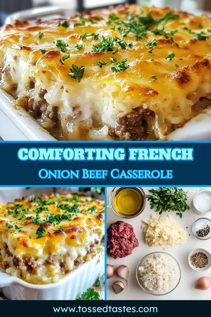 Savor the delicious flavors of this French Onion Beef Rice Casserole! This hearty ground beef rice dish features caramelized onions and melty Swiss cheese, making it a perfect easy beef rice bake for any night of the week. Try this Swiss cheese casserole recipe for a comforting meal the whole family will love. Click for the full recipe and enjoy a mouthwatering dinner tonight! #CasseroleRecipes #GroundBeef #EasyDinner #ComfortFood