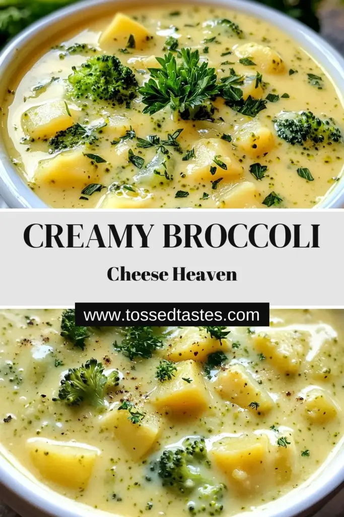 Warm up with this creamy broccoli cheese soup that’s a delightful blend of flavors. Our easy broccoli potato soup combines tender russet potatoes and fresh broccoli into a hearty vegetarian dish. This delicious potato cheese soup recipe features sharp cheddar cheese for an extra kick. Perfect for chilly days, this comforting soup is quick to prepare. Try it today and savor every bite! #CreamyBroccoliCheeseSoup #VegetarianSoup #PotatoCheeseSoup #EasyBroccoliPotatoSoup