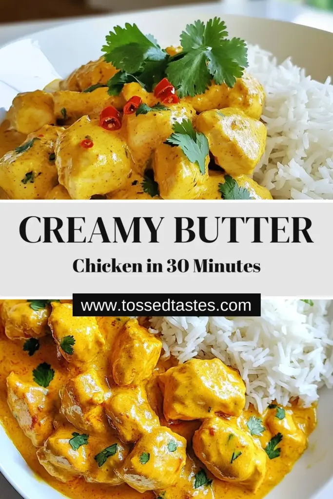 Indulge in this Creamy Butter Chicken Recipe, featuring tender marinated chicken thighs simmered in a luscious sauce made with heavy cream. This Easy Chicken Curry delivers authentic flavors from the classic Indian Butter Chicken Recipe. Perfect for dinner, it's a crowd-pleaser that pairs wonderfully with basmati rice or naan. Save this recipe for a comforting meal that’s simple to make! #ButterChicken #IndianCuisine #ChickenThighs #EasyRecipes
