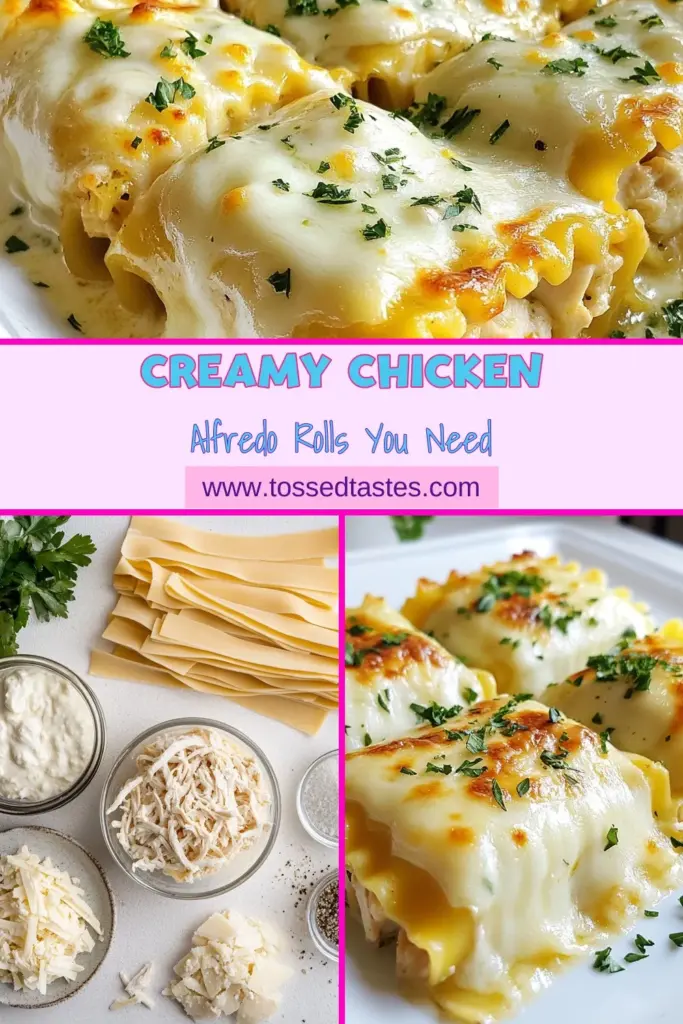 Indulge in these Chicken Alfredo Lasagna Rolls, a delightful twist on a classic dish! This easy chicken lasagna recipe combines shredded chicken, creamy ricotta, and rich Alfredo sauce, all wrapped in tender lasagna noodles. Perfect for a comforting meal, these baked lasagna rolls are sure to impress your family. Try this delicious Ricotta Chicken Lasagna today for a hearty comfort food recipe. Save this easy recipe for later! #ChickenAlfredo #LasagnaRolls #ComfortFood #EasyDinnerIdeas