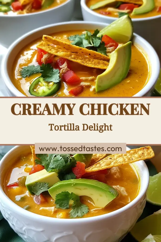 Savor the comforting flavors of this Creamy Chicken Tortilla Soup, perfect for any day of the week. This Easy Chicken Soup Recipe combines tender chicken, rich cream, and a delightful blend of spices for a luscious tortilla soup that everyone will love. If you're craving a Spicy Chicken Tortilla Soup Recipe, simply adjust the heat! Discover the ultimate Chicken Tortilla Soup with Cream today. Don’t forget to try it and save for later! #ChickenSoup #ComfortFood #SoupRecipe #TortillaSoup