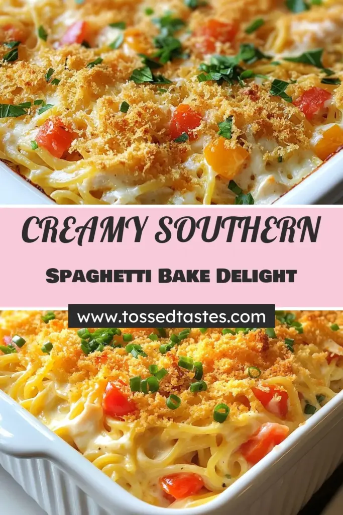 Indulge in this delicious Southern Creamy Spaghetti Bake, a cheesy spaghetti casserole that's perfect for an easy pasta bake dinner. This chicken spaghetti bake recipe combines tender spaghetti with cream cheese, sour cream, and melted cheeses, creating a comforting dish everyone will love. Great for weeknight meals! Save this recipe for a family favorite! #SouthernCreamySpaghettiBake #CheesySpaghettiCasserole #EasyPastaBake #BakedSpaghettiWithCreamCheese
