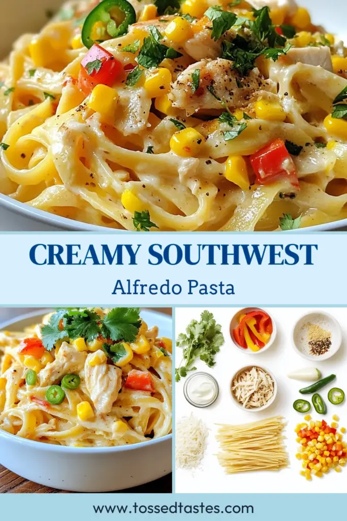 Indulge in this Southwest Alfredo Pasta, a delicious fusion of creamy flavors and zesty spices! This easy creamy pasta recipe features fettuccine Alfredo with chicken, but you can make it vegetarian with black beans. Perfect for a quick weeknight dinner, this taco seasoning pasta dish is sure to impress. Ready in just 25 minutes, don’t miss out—try it today for a comforting meal! Save this recipe for your next culinary adventure! #PastaRecipe #QuickMeals #DinnerIdeas #ComfortFood