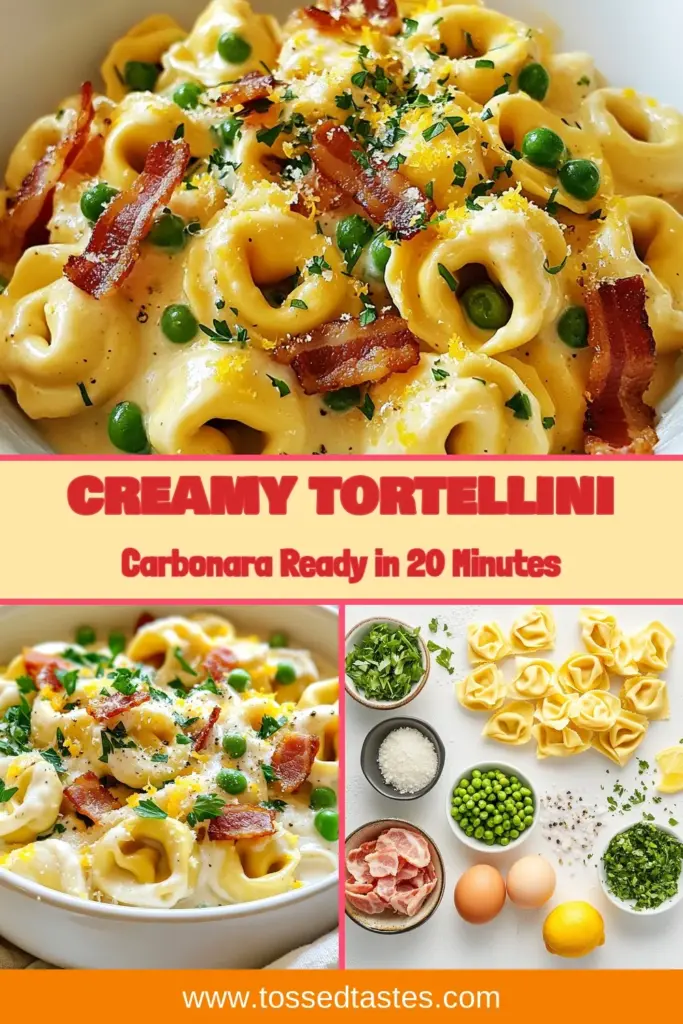 Looking for a quick and creamy dinner? Try this easy Tortellini Carbonara recipe that’s perfect for busy nights! In just 20 minutes, you can whip up a delightful dish featuring turkey bacon and cheesy tortellini. This recipe combines the richness of traditional carbonara with the convenience of quick tortellini meals. Don't miss out on this delicious treat! Save the recipe for your next pasta night! #TortelliniCarbonara #EasyPastaRecipes #QuickDinnerIdeas #CreamyCarbonara