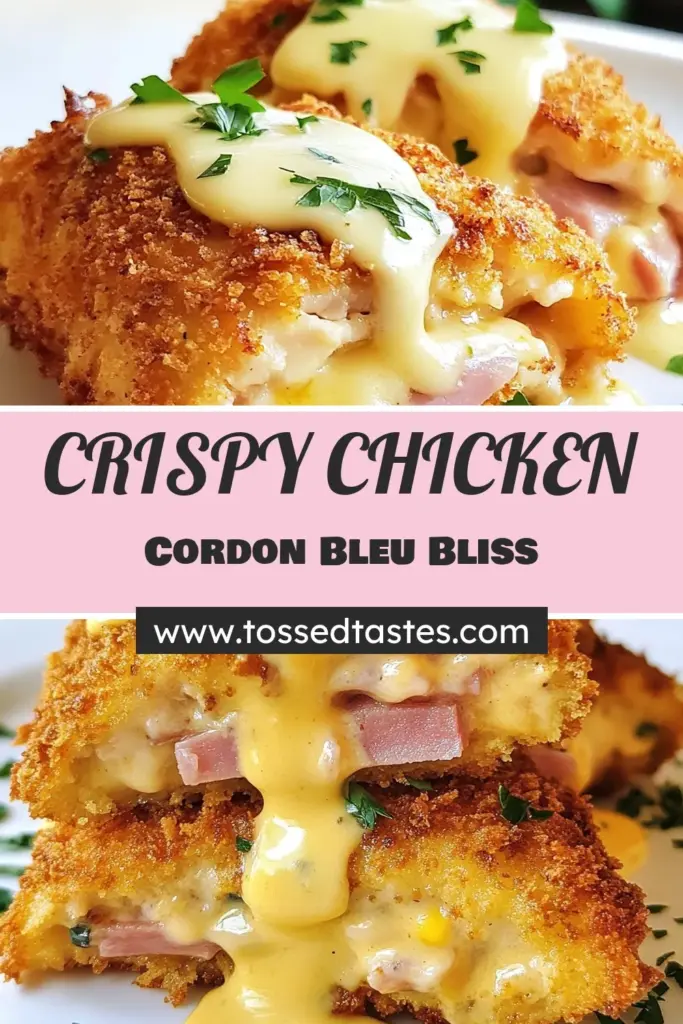 Indulge in this Crispy Chicken Cordon Bleu topped with a velvety Creamy Swiss Sauce recipe that's perfect for an easy chicken dinner idea! This oven-baked chicken recipe combines tender chicken breasts with ham and Swiss cheese, all breaded to a golden perfection. Elevate your weeknight meals and impress your family with this delicious dish. Save this recipe for your next family dinner! #CrispyChickenCordonBleu #EasyChickenDinner #OvenBakedChicken #CreamySwissSauce