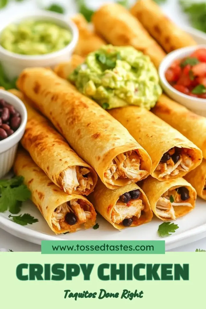 Savor the deliciousness of crispy chicken taquitos with this easy taquito recipe! Packed with tender chicken and black beans, these homemade taquitos make for perfect quick dinner ideas. In just 30 minutes, you can whip up this crispy delight that everyone will love. Ideal for weeknight meals or gatherings, serve with guacamole and salsa. Don't miss out—save this recipe for your next kitchen adventure! #CrispyChickenTaquitos #EasyTaquitoRecipe #QuickDinnerIdeas #HomemadeTaquitos