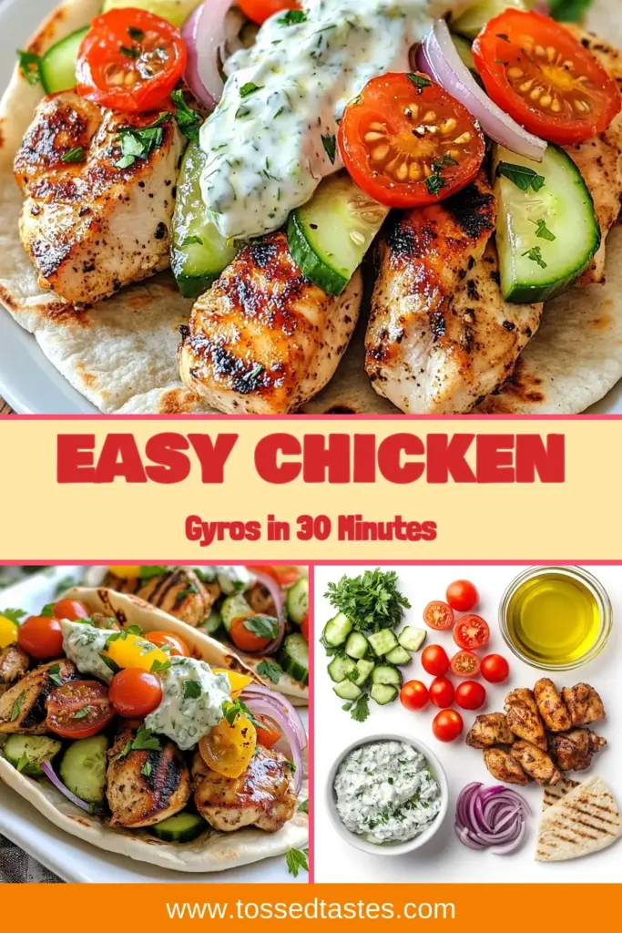 Enjoy a delicious twist on dinner with these Quick Mediterranean Chicken Gyros! This easy chicken gyros recipe features marinated chicken thighs, homemade tzatziki sauce, and fresh veggies, all wrapped in healthy pita wraps. Perfect for busy weeknights, this dish is a flavorful and nutritious choice your family will love. Try these Mediterranean chicken gyros today and make your meal memorable! Save this recipe for later! #MediterraneanFood #QuickGyrosRecipe #HealthyRecipes #ChickenGyros