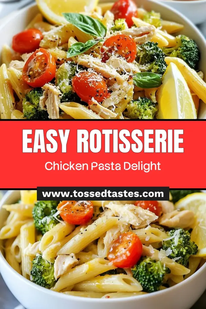 Savor this delicious rotisserie chicken pasta recipe that brings together tender broccoli and creamy garlic pasta with broccoli for an easy dinner option. In just 30 minutes, you can whip up this quick chicken dinner, perfect for busy nights. With shredded rotisserie chicken, cherry tomatoes, and zesty flavors, it’s a crowd-pleaser. Try it tonight and elevate your weeknight meals! Save this easy pasta recipe for later! #PastaRecipes #ChickenDinner #QuickMeals #EasyRecipes