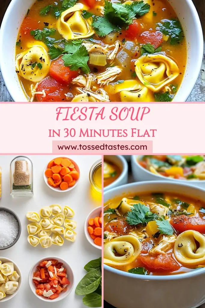 Warm up with this delicious Chicken Tortellini Soup, a perfect blend of flavors inspired by a Fiesta Soup Recipe! This Easy Tortellini Soup features tender chicken and fresh cheese tortellini in a savory chicken broth, making it a quick dinner recipe ideal for busy nights. Ready in just 30 minutes, this Chicken Soup with Tortellini is sure to delight your family. Save this recipe for your next meal! #ChickenTortelliniSoup #EasyRecipes #QuickDinner #SoupLovers