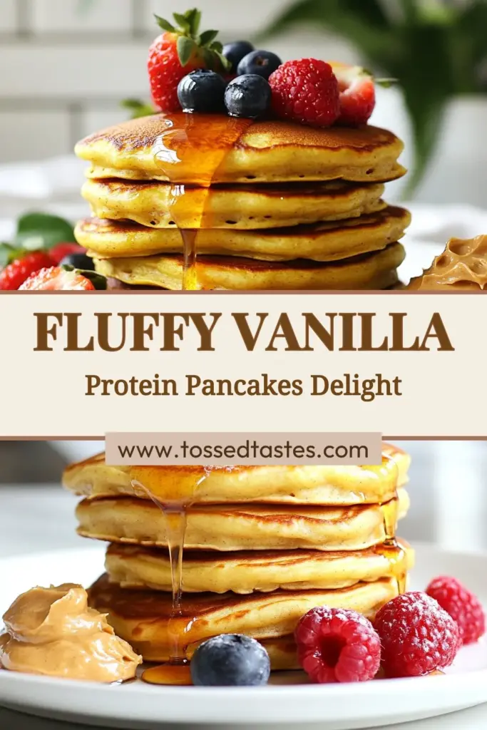 Start your day with these fluffy vanilla protein pancakes that are not only delicious but also nutritious! This healthy protein pancakes recipe features oat pancakes with protein to fuel your morning. Made with almond milk, they're perfect for a satisfying high protein breakfast pancakes. Easy to make in just 20 minutes, these pancakes can be topped with fresh berries or nut butter. Try them today and transform your breakfast game! #ProteinPancakes #HealthyBreakfast #OatmealRecipes #VanillaPancakes