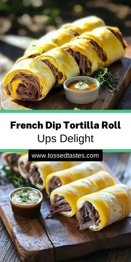 Satisfy your cravings with these delicious French Dip Tortilla Roll Ups! Made with creamy spread, thinly sliced roast beef, and melted provolone, these easy-to-make roll-ups are perfect for a quick snack or party appetizer. With simple ingredients and a zesty flavor, they’re sure to impress. Click through for the full recipe and tips on how to serve them beautifully with au jus for dipping! Enjoy a gourmet treat right at home!