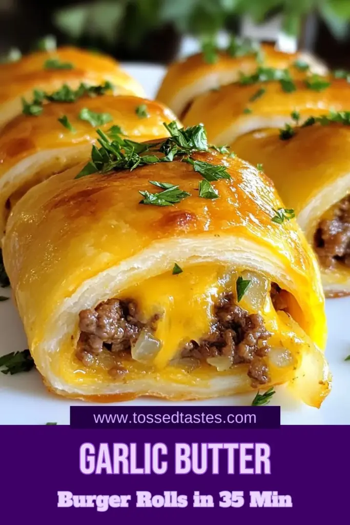 Discover the deliciousness of Garlic Butter Cheeseburger Roll-Ups! This easy recipe combines ground beef, cheddar, and crescent roll dough, making it a perfect choice for quick family dinner ideas or crescent roll appetizers. These easy cheeseburger recipes are fun to make and will impress everyone at your next gathering. Don't miss out—save this recipe for an effortless meal! #GarlicButterCheeseburgerRollUps #GroundBeefRollUps #CrescentRollAppetizers #QuickFamilyDinnerIdeas
