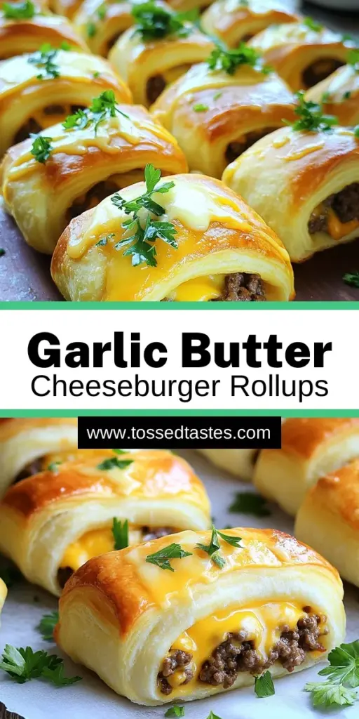 Indulge in these mouthwatering Garlic Butter Cheeseburger Rollups that are sure to impress! Packed with flavorful ground beef, melted cheddar cheese, and wrapped in golden crescent dough, these delightful bites are perfect for any occasion. Simple to prepare and ready in just 35 minutes, they make a tasty appetizer or snack. Click through to explore the full recipe and elevate your next gathering with this delicious treat!