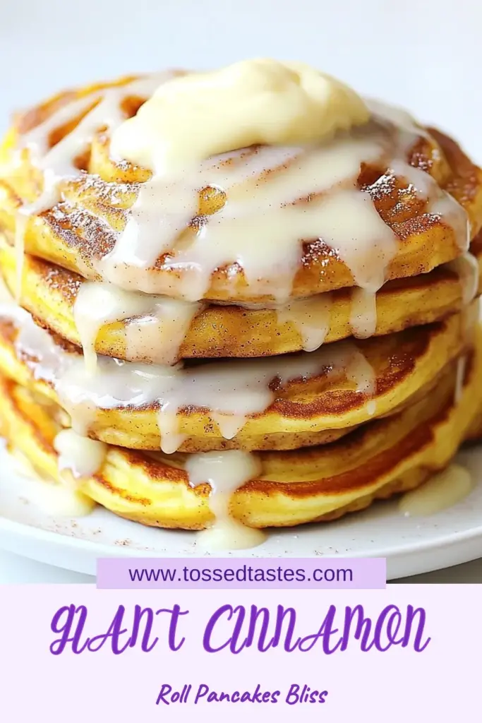 Indulge in these delicious giant cinnamon roll pancakes that bring all the flavors of your favorite cinnamon roll into a fluffy pancake breakfast. This easy cinnamon pancake recipe is topped with a luscious cream cheese glaze, making it perfect for any morning. Just follow our simple steps to impress your family and friends! Save this recipe for a delightful breakfast treat! #CinnamonRollPancakes #FluffyPancakes #BreakfastIdeas #PancakeRecipe