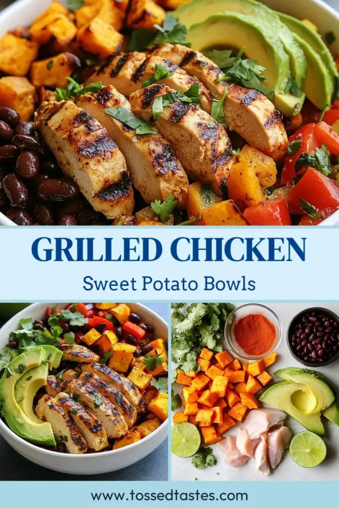 Savor the flavors of these Grilled Chicken Sweet Potato Bowls, a perfect blend of nutrition and taste. Packed with healthy grilled chicken, sweet potatoes, black beans, and fresh veggies, this dish makes meal prep easy and delicious. Enjoy these nutritious dinner ideas that are simple to make and full of flavor. Dive into this easy chicken bowl recipe today! Save it for your next healthy meal inspiration. #HealthyRecipes #MealPrep #GrilledChicken #DinnerIdeas