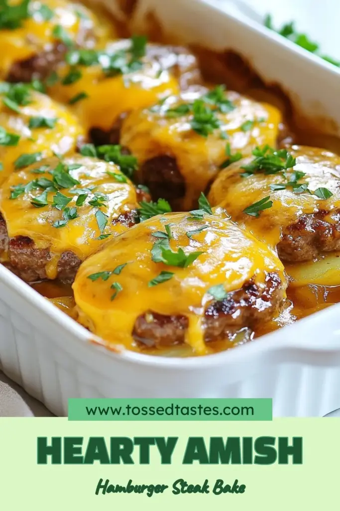 Discover the comfort of this Amish hamburger steak recipe, a delicious ground beef casserole that combines savory flavors with hearty potatoes. This oven-baked hamburger steak features tender meat patties, layered with thinly sliced potatoes and melted cheddar cheese. Perfect for family dinners, this cheesy beef dish is easy to prepare and is sure to please everyone! Try it today and save for later! #AmishRecipes #GroundBeefCasserole #CheddarCheese #ComfortFood