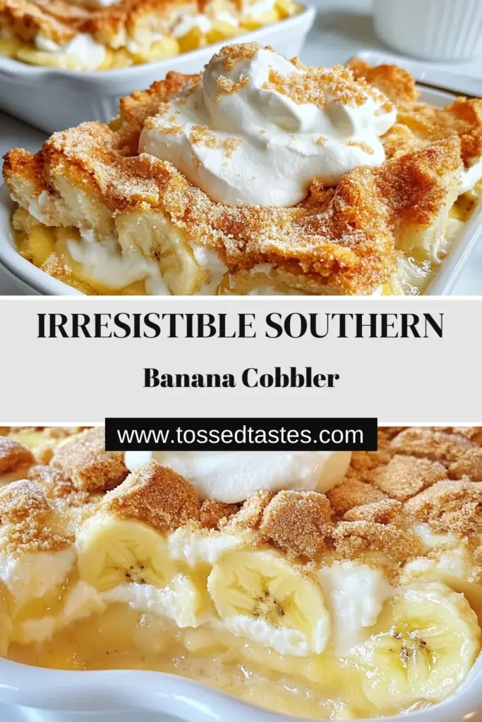 Indulge in the delightful taste of Southern banana pudding cobbler! This easy banana cobbler recipe layers ripe bananas and creamy vanilla pudding for a delicious banana pudding dessert recipe that’s perfect for gatherings. Bake up this simple southern dessert recipe to impress your guests or to enjoy at home. Don’t forget to top with whipped cream! Try this recipe today! #BananaPudding #SouthernDesserts #CobblerRecipe #EasyDesserts