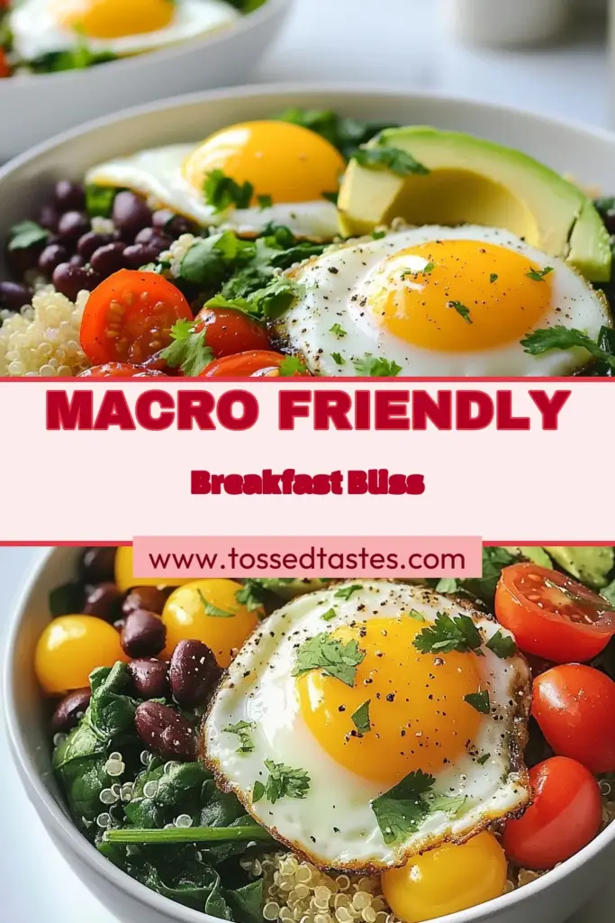 Start your day with these delicious macro friendly breakfast bowls! Packed with protein and nutrients, this quinoa breakfast bowl features fluffy quinoa, sautéed spinach, avocado, and eggs for a perfect healthy breakfast recipe. It's a protein-packed breakfast that’s vegetarian-friendly and satisfying. Try this easy and nutritious breakfast today and fuel your morning! Save this recipe for a tasty meal! #HealthyBreakfast #QuinoaBreakfast #MacroFriendly #VegetarianBreakfast
