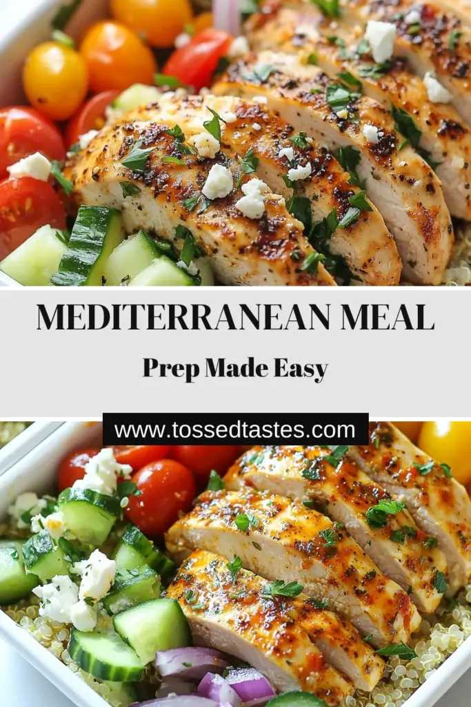 Discover the deliciousness of Mediterranean chicken meal prep with these Greek Chicken Meal Prep Bowls! Packed with protein-rich quinoa, vibrant veggies, and tangy feta, this recipe is one of the best healthy Mediterranean recipes out there. Perfect for easy meal prep ideas, these quinoa chicken bowls are sure to make your weeknight dinners effortless. Save this recipe and enjoy wholesome meals all week! #MediterraneanMeals #HealthyEats #MealPrep #FetaChickenRecipes