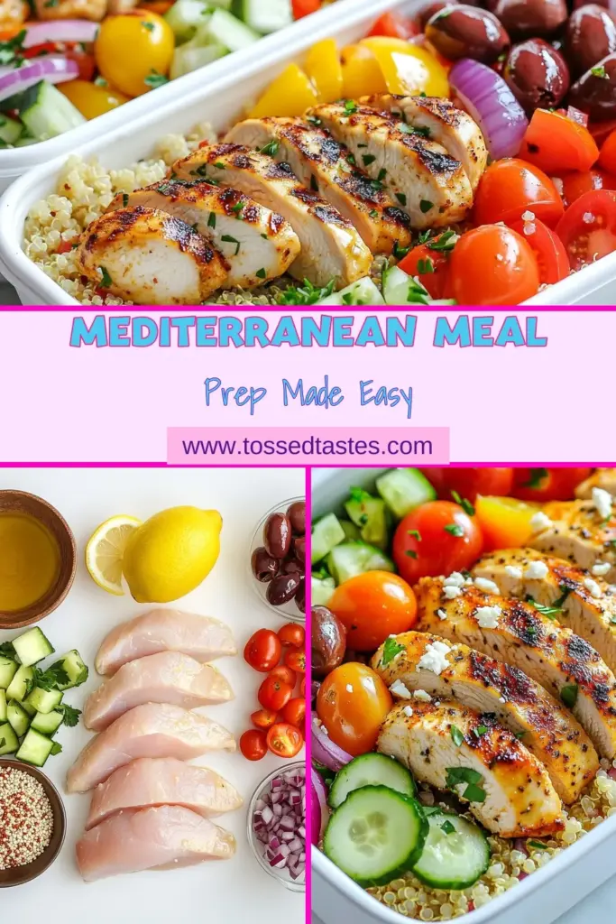 Elevate your meal prep game with these Mediterranean chicken meal prep bowls! Packed with flavor, these healthy chicken bowls combine marinated grilled chicken and a vibrant quinoa salad meal prep. Perfect for your week ahead, these easy grilled chicken recipes will keep you satisfied and nourished. Meal prep ideas for the week just got a tasty upgrade. Try it now and save for later! #MediterraneanRecipes #MealPrep #HealthyEating #QuinoaSalad