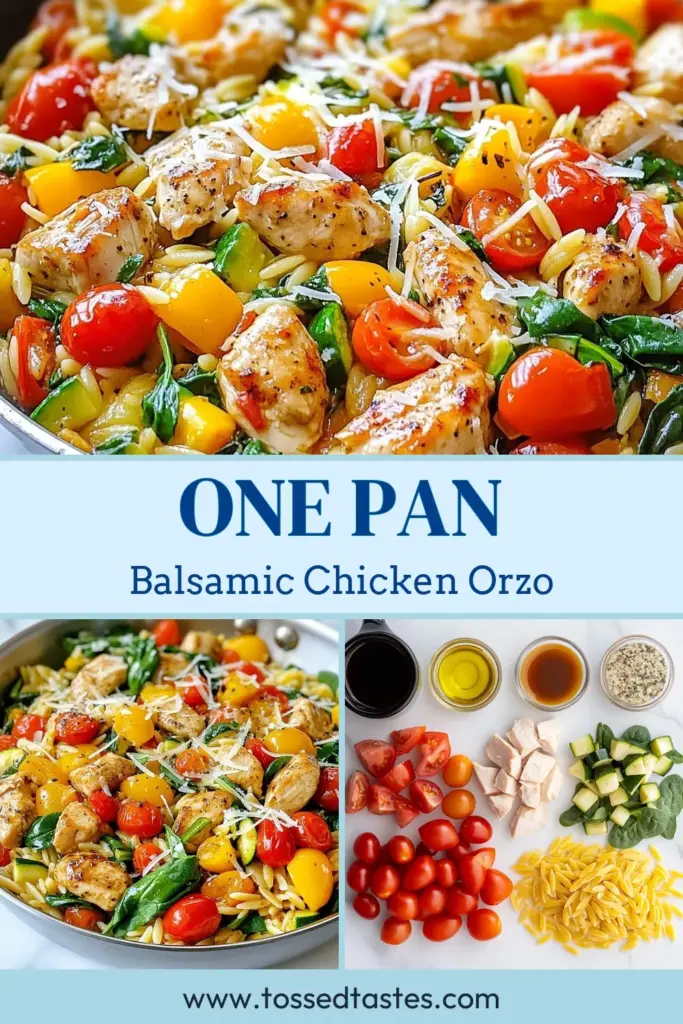 Discover the perfect Balsamic chicken recipe with this delicious one-pan orzo skillet. This easy chicken dinner combines juicy chicken, vibrant vegetables, and healthy orzo recipes that promise flavor in every bite. Featuring tangy balsamic vinegar chicken, it's ready in just 30 minutes! Save this quick and nutritious meal for busy weeknights. Try it today! #BalsamicChicken #OrzoSkillet #EasyDinner #HealthyRecipes