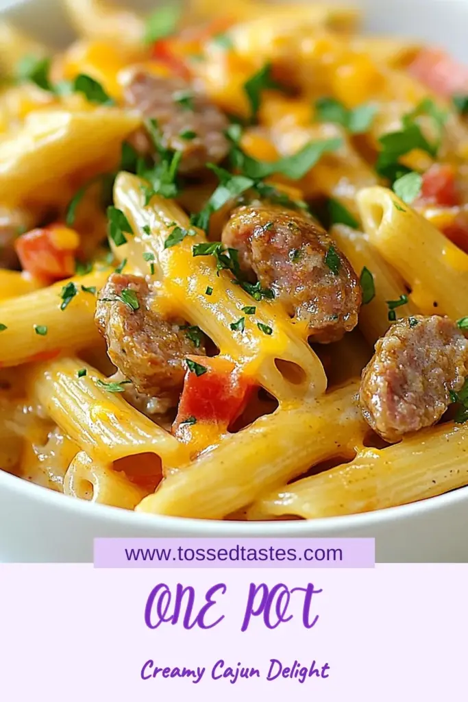 Discover the deliciousness of this One Pot Creamy Cajun Sausage Pasta, a simple and flavorful meal ready in just 30 minutes. Perfect for a busy weeknight, this easy Cajun dinner features penne pasta with sausage, creamy sauce, and zesty Cajun seasoning. Quick creamy pasta dish lovers will adore this one-pot recipe. Save this recipe for your next family dinner and enjoy a taste of the South! #CajunPasta #OnePotRecipes #EasyDinner #PastaLovers