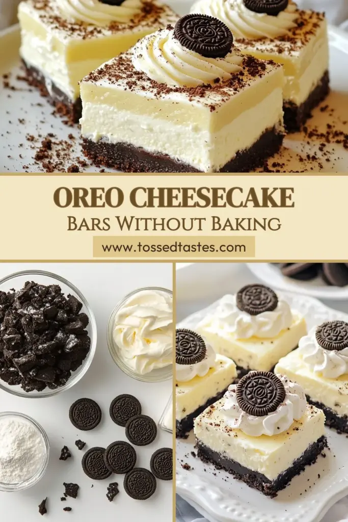 Indulge in these irresistible Oreo cheesecake bars with our easy no-bake cheesecake recipe! Made with crushed Oreo cookies, cream cheese, and whipped cream, these dreamy Oreo dessert bars are perfect for any occasion. In just 20 minutes of prep, you can create a creamy and delightful treat that everyone will love. Save this easy dessert recipe for your next gathering and impress your friends! #OreoCheesecakeBars #NoBakeDessert #OreoDessertBars #EasyDessertRecipes