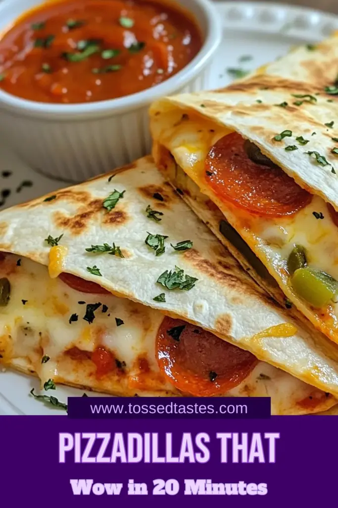 Indulge in this delicious and simple recipe for pepperoni pizzadillas that combines all the flavors of pizza in a crispy tortilla. Perfect for quick dinner ideas, these easy pizza recipes can be made in just 20 minutes! Melted mozzarella cheese, zesty pepperoni, and fresh toppings make each bite irresistible. Try this tortilla pizza and impress your family tonight. Save this recipe for later! #PepperoniPizzadillas #EasyPizzaRecipe #QuickDinnerIdeas #MozzarellaCheeseRecipes