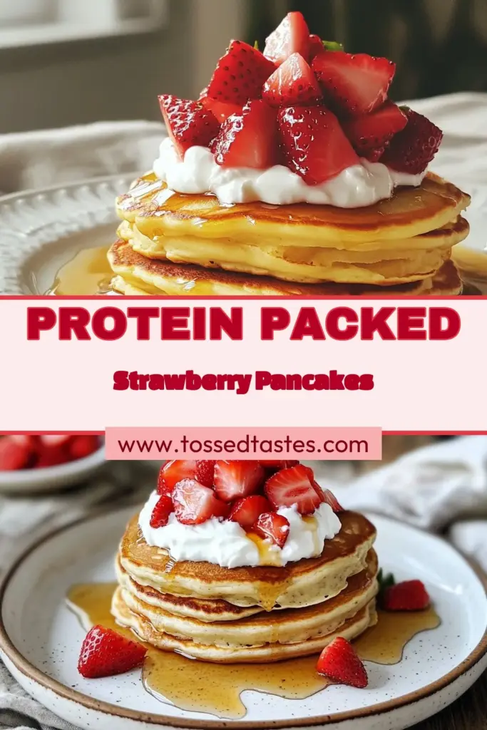 Indulge in these delicious strawberries and cream pancakes that bring a healthy twist to your breakfast! This protein pancakes recipe uses oat flour for a nutritious base and is packed with fresh strawberries. Top with Greek yogurt for an extra creamy delight. Perfect for a guilt-free treat, these healthy pancakes with strawberries are a must-try! Save this recipe for your next brunch! #ProteinPancakes #HealthyPancakes #OatFlourPancakes #StrawberriesAndCream