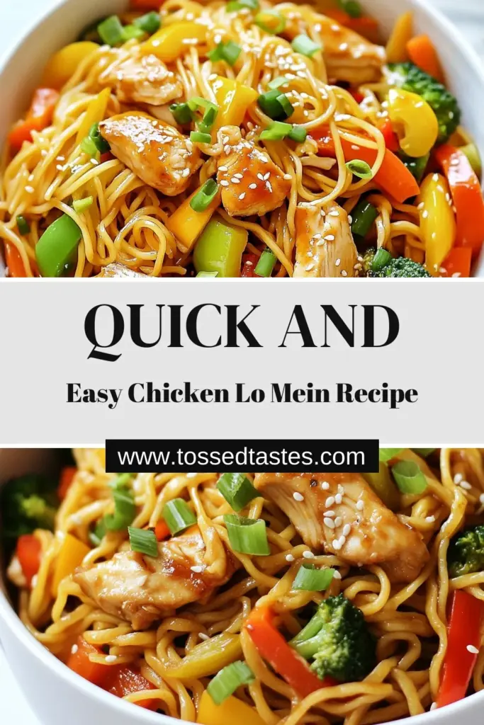 Looking for a quick and delicious meal? Try this Easy Chicken Lo Mein! This Chicken Lo Mein Recipe features tender chicken, vibrant vegetables, and flavorful homemade lo mein sauce, all ready in just 25 minutes. Perfect for a busy weeknight, these easy stir fry noodles are a family favorite. Save this recipe for your next dinner and enjoy a delectable homemade dish that’s simple and satisfying! #EasyChickenLoMein #QuickLoMein #HomemadeLoMein #EasyStirFryNoodles