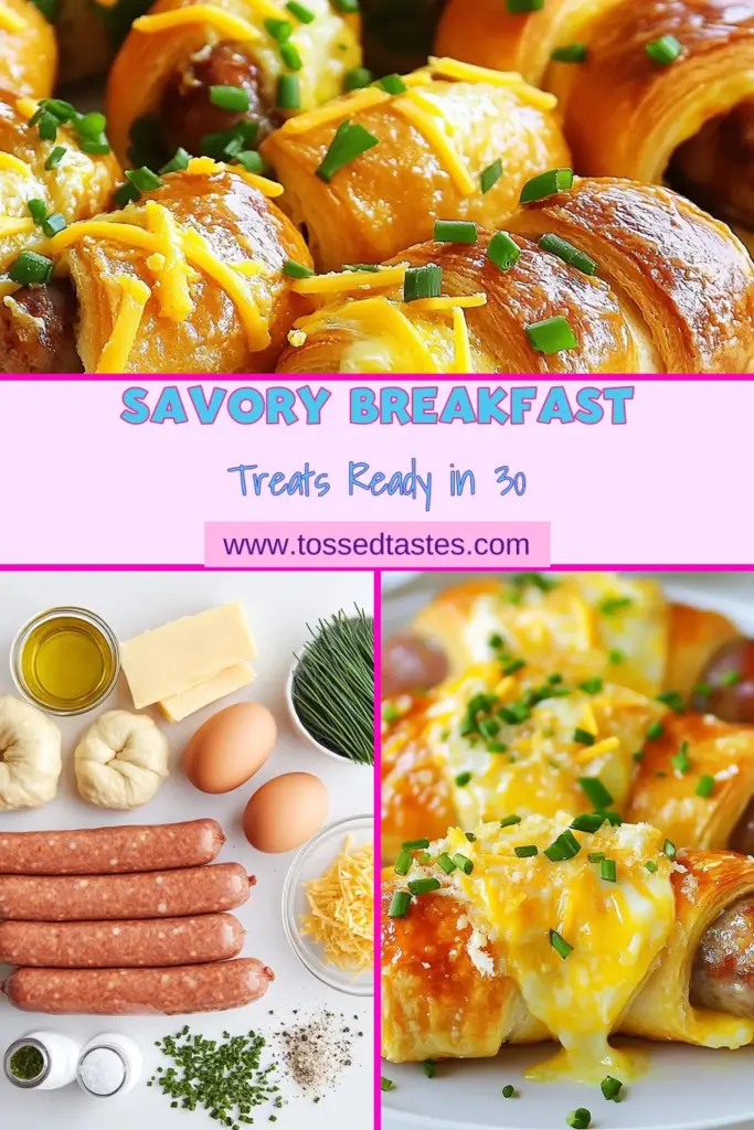 Start your day with this savory breakfast recipe: Breakfast Pigs in a Blanket! These delightful pigs in a blanket with eggs combine crispy crescent roll breakfast sausages and a rich cheddar cheese breakfast bake. Perfect for quick breakfast ideas, this dish can be whipped up in just 30 minutes. Treat yourself and your family to a fun and delicious breakfast! Save this recipe for your morning inspiration! #BreakfastIdeas #SavoryRecipes #CrescentRolls #PigsInABlanket