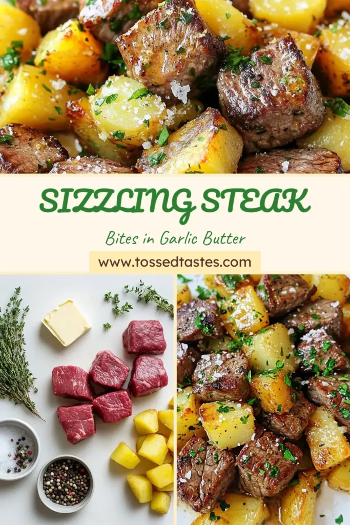 Savor the deliciousness of garlic butter steak bites paired with crispy potatoes in this easy-to-make recipe. Perfect for a quick steak and potatoes dinner, these sirloin steak bites are coated in a savory garlic butter dish that will impress your family and friends. Discover this flavorful combination today! Save this crispy potatoes recipe for your next meal. #GarlicButterSteakBites #QuickDinner #SteakRecipes #ComfortFood
