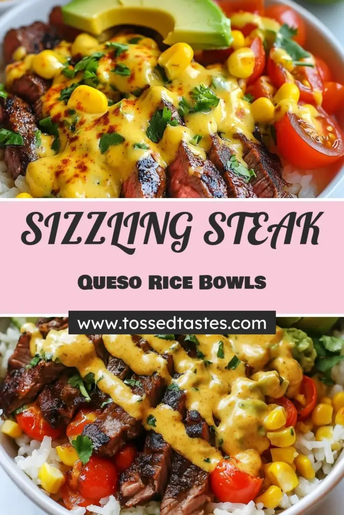 Indulge in these sizzling queso rice bowls with steak strips, a delicious steak and rice recipe perfect for an easy dinner. Made with tender flank steak, cheesy rice, and fresh avocado, this cheesy rice bowl is a crowd-pleaser. Get creative with flank steak lunch ideas that shine! Save this recipe for your next culinary adventure! #QuesoRice #SteakRecipe #EasyDinner #CheesyRiceBowl