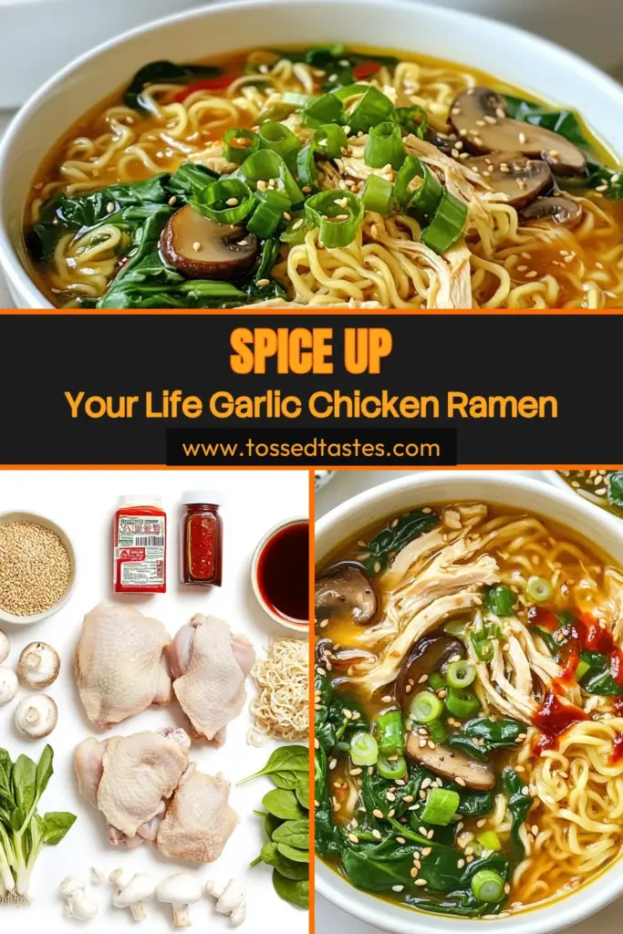 Savor the bold flavors of Fiery Garlic Chicken Ramen, a spicy ramen recipe that's easy to make at home. With tender chicken thighs cooked in a homemade ramen broth infused with garlic, ginger, and a kick of sriracha, this dish is perfect for spice lovers. Ready in just 40 minutes, it's an easy ramen noodles recipe that will impress your family and friends. Try it today for a delicious meal! Save this recipe for a cozy night in! #RamenRecipe #SpicyRamen #HomemadeRamen #ChickenRamen