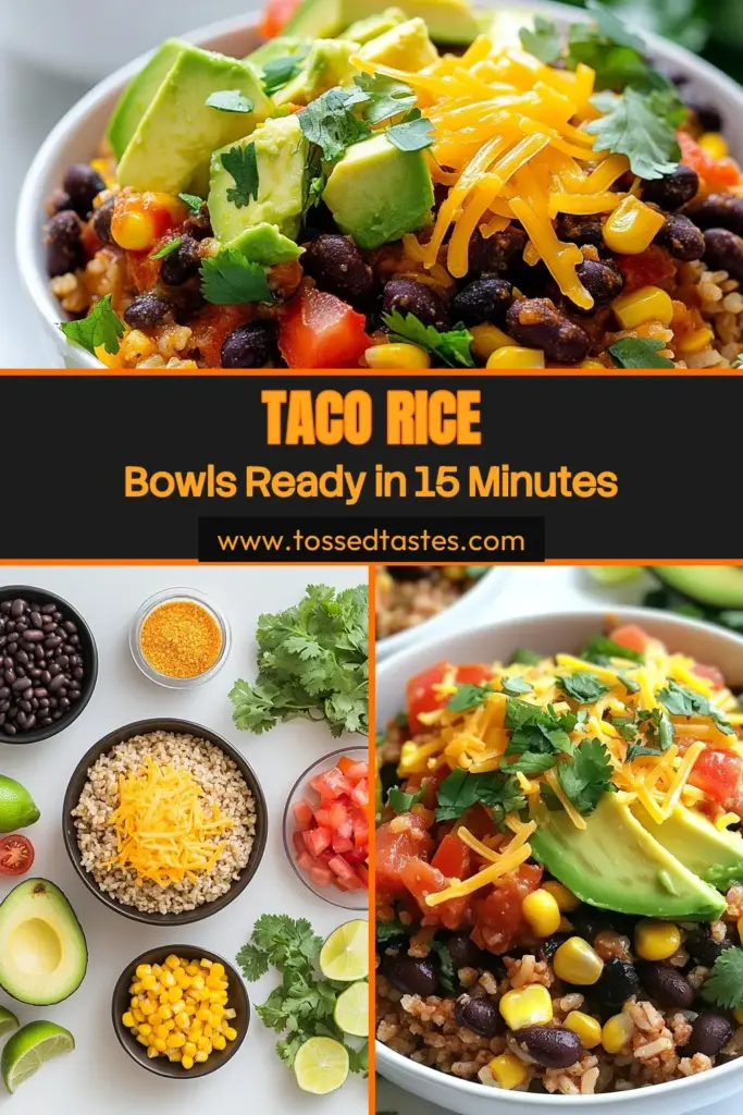 Discover the deliciousness of Minute Taco Rice Bowls, the perfect Quick Taco Rice Recipe for busy days! Made with instant brown rice, black beans, corn, and fresh toppings, this Easy Taco Bowl Recipe is not just tasty but also a Healthy Taco Rice Meal. Ready in just 15 minutes, it's ideal for quick dinners or meal prep. Try it today and bring flavor to your table! Save this recipe! #TacoRice #HealthyMeals #EasyRecipes #MealPrep